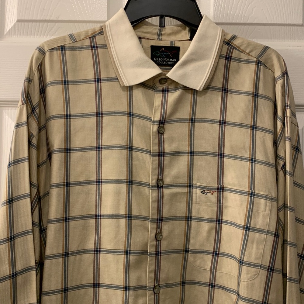 GREG NORMAN COLLECTION TAN/BLUE PLAID SHIRT SZ XL KNIT COLLAR 100% COTTON